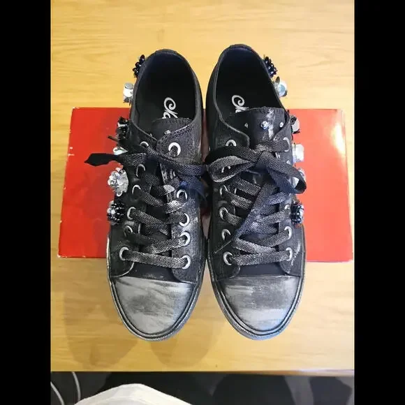 Naughty Monkey Womens Michele Size 8 Black Distressed Beaded Sequin Lace Up Flat - Picture 2 of 8